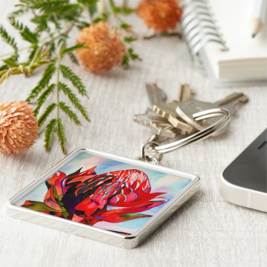 Waratah Australische waterverf van inheemse bloeme Sleutelhanger (Zijkant)