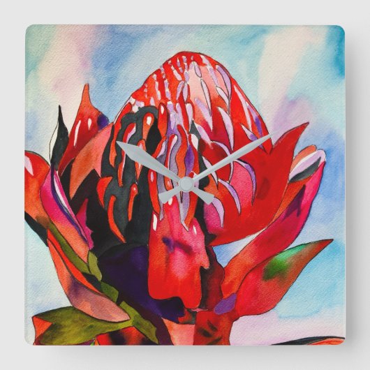 Waratah Australische waterverf van inheemse bloeme Vierkante Klok (Voorkant)