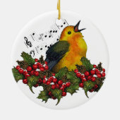 Warbler in sneeuw met kerstheilig: Kunst Keramisch Ornament (Achterkant)