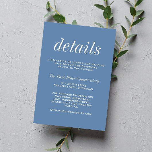 Ware eenvoud 2 Denim Blue minimalistische bruiloft Informatiekaartje