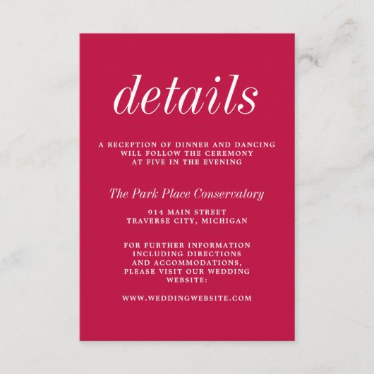 Ware eenvoud 2 Raspberry minimalistische bruiloft Informatiekaartje (Voorkant)