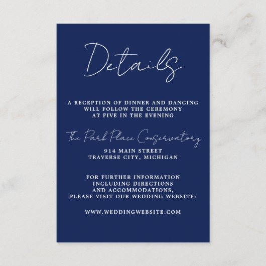 Ware eenvoud 3 Script Minimale inkt Blauwe bruilof Informatiekaartje (Voorkant)