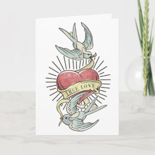 Ware Liefde   Vintage Tatoeage Vogels met Hart Kaart