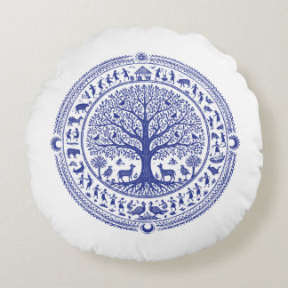 Warli-kunst Indiase Tribale Illustratie | Minimali Rond Kussen