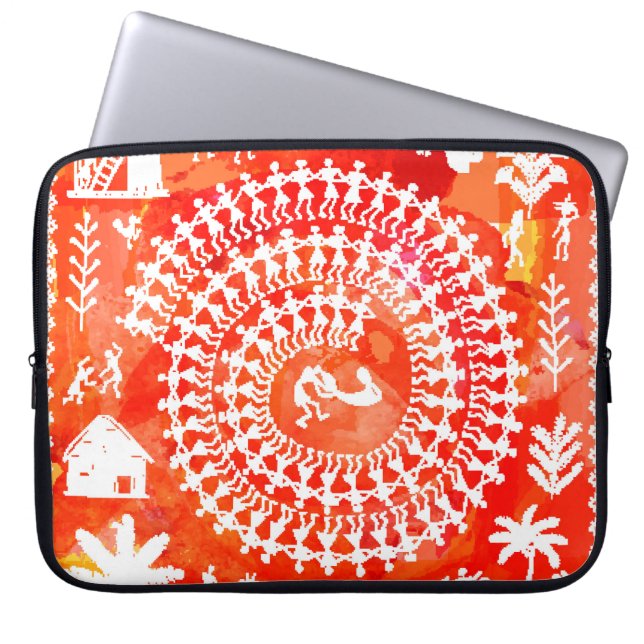 Warli schilderij - traditioneel getekend met de ha laptop sleeve (Voorkant)