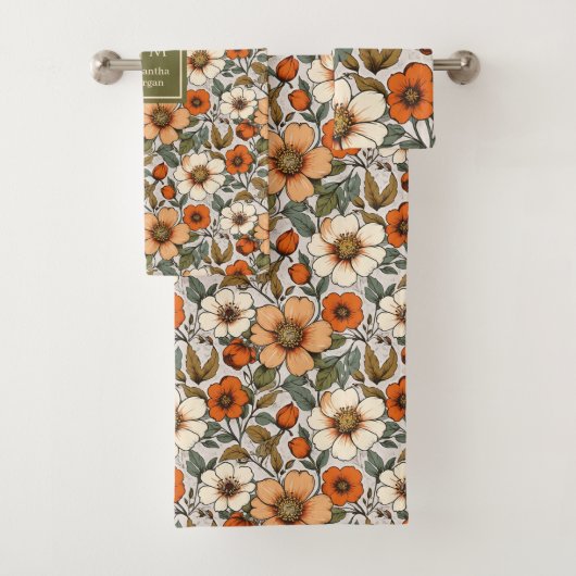 Warm Autumn Flowers Terracotta Rust Bath Towels (En situation)