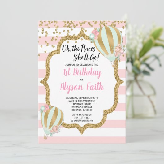 Warm ballon verjaardagsuitnodigingen, roze goud kaart (Staand voorkant)