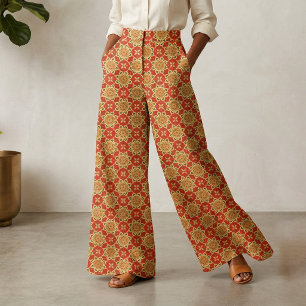Warm Boho Rood Oranje Geel Geometrisch Bloemmotief Stof