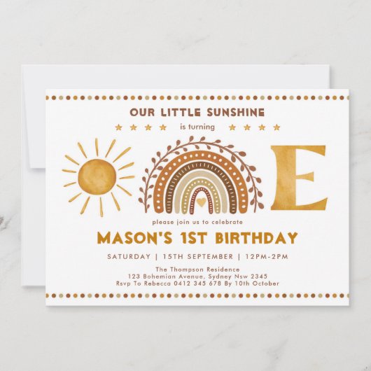Warm Boho Terracotta Sunshine Rainbow 1st Birthday Kaart (Voorkant)
