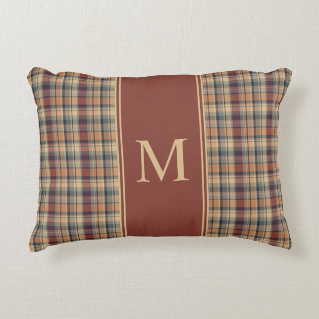 Warm bruin en crème Plaid Monogram Accent Kussen (Voorkant)