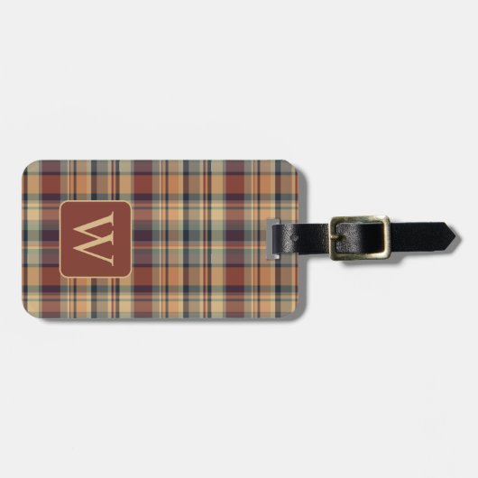 Warm bruin en crème Plaid Monogram Bagagelabel (Voorkant horizontaal)