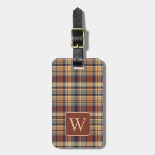 Warm bruin en crème Plaid Monogram Bagagelabel (Voorkant verticaal)