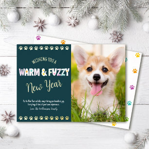 Warm en Fuzzy Pet Nieuwjaar Foto Blauwgroen Echt G Folie Feestdagenkaart
