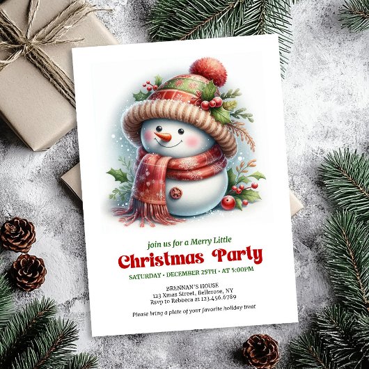 Warm funny snowman invitation printable red green