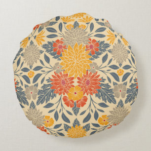 Warm Geel, Oranje en blauw Floral Rond Kussen