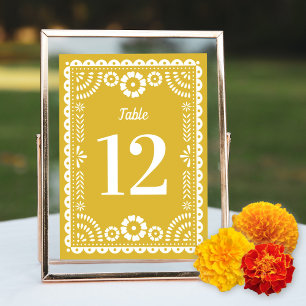 Warm geel Papel Picado Trouwtafel nummer Kaart