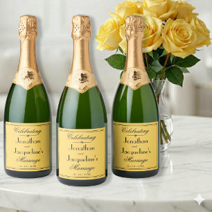 Warm Geel Trouwfeest Eenvoudig Elegant  Zwarte Sch Sparkling Wijnetiket