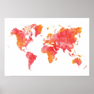 Warm gekleurde Waterverf Wereldkaart Poster