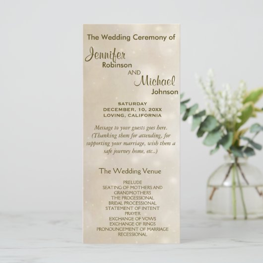 Warm Gold Bokeh Wedding Programma (Staand voorkant)