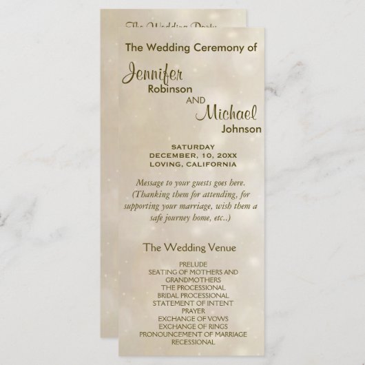 Warm Gold Bokeh Wedh Programme de mariage (Devant / Derrière)