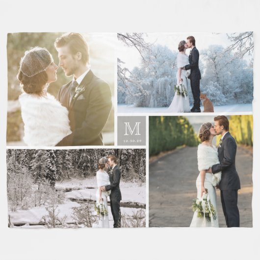 Warm Gray Modern Monogram 4 Foto Collage Weddensch Fleece Deken (Voorkant (Horizontaal))