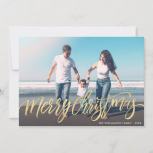 Warm kerstfeest begroetingen gouden script fotokaa feestdagenkaart