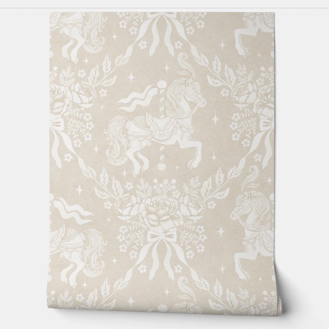 Warm Neutral Beige Rococo Carousel Horses Florals Behang (Afrollen)