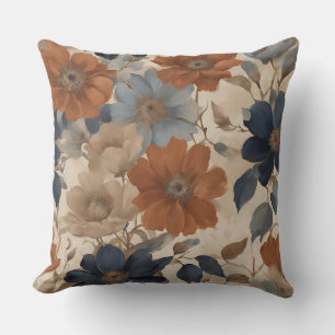 Warm Oranje Beige Marineblauwe Herfst Bloemen Kussen