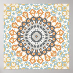 Warm Oranje en Grijs Geometrisch Mandala Patroon Poster