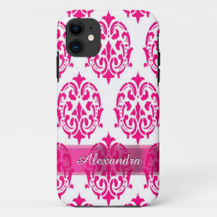 warm roze en wit gepersonaliseerde damast iPhone 11 hoesje
