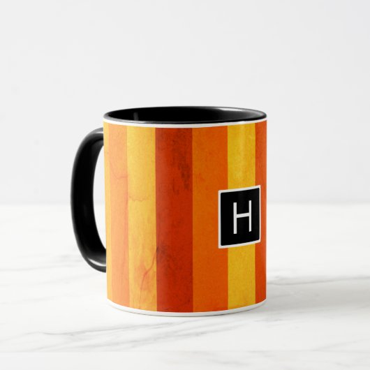 Warm verweerd Sinaasappel rode strepen Monogram Mok (Voorkant links)