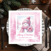 Warm Winter Forest Pink Snowman Christmas Napkins Servet