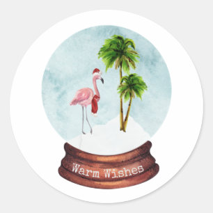Warm Wishes Flamingo Palm Trees Snow Wereldbol Ronde Sticker