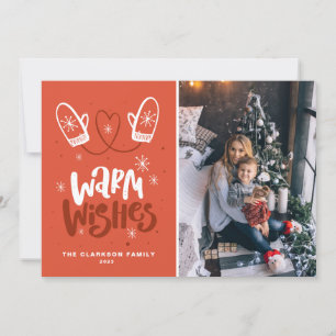 Warm Wishes Lettering Foto Snowflakes Mittens Feestdagenkaart
