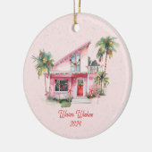 Warm Wishes Midcentury Modern House Roze Kerst Keramisch Ornament (Links)