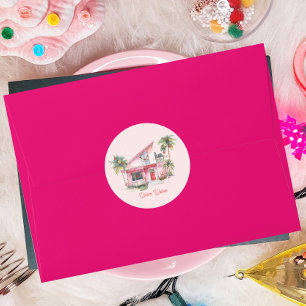 Warm Wishes Midcentury Modern House Roze Kerst Ronde Sticker
