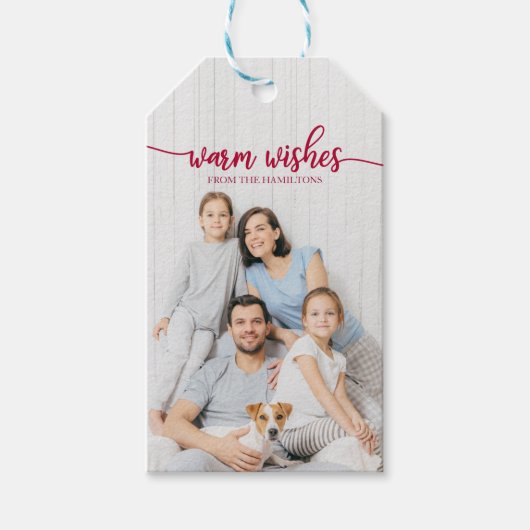 Warm Wishes Rode Script Aangepaste Foto Kerstmis Cadeaulabel (Voorkant)