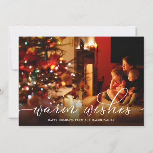 Warm Wishes White Script Photo Holiday Card Feestdagenkaart