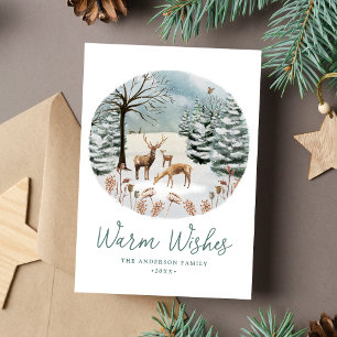 Warm Wishes Woodland Deer Winter Scene Niet-foto Feestdagenkaart