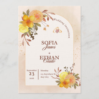Warm Yellow & Peach Floral Wedding Invitation