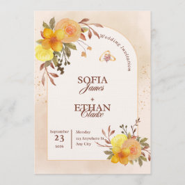 Warm Yellow & Peach Floral Wedding Invitation  Kaart