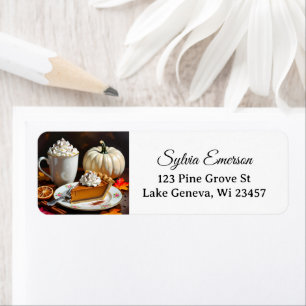 Warme chocolade, pompoentaart en kruiden herfst etiket