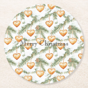 Warme Crème Caramel Harten Kerstboom Takken Ronde Kartonnen Onderzetter