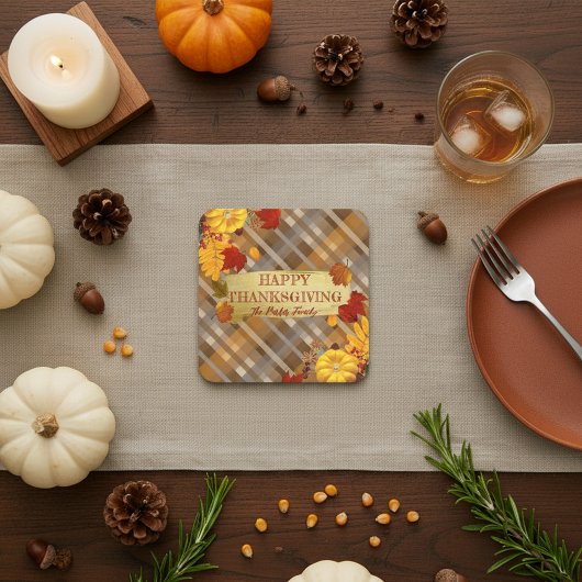 Warme Herfst Pompoenen & Foliage Plaid Thanksgivin Vierkante Kartonnen Onderzetter