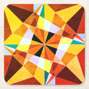 Warme kleuren koele hoekige geometrische vormen vierkante kartonnen onderzetter