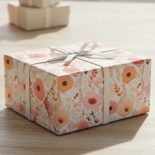 Warme Perzik en Koraal Papaver Bloemmotief Cadeaupapier