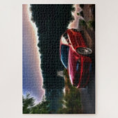 Warme rode auto bij het meer legpuzzel (Verticaal)