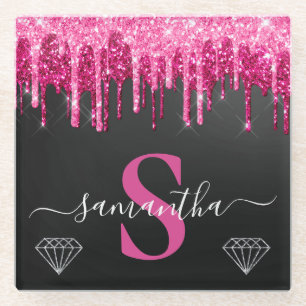 Warme Roze Druipende Glitters op Zwarte Monogram Glazen Onderzetter