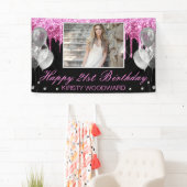 Warme roze druppelaar Glitter & Balloons Birthday Spandoek (Insitu)