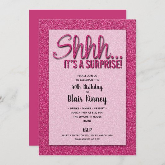 Warme roze Glitter SURPRISE Birthday Invitations (Voorkant / Achterkant)